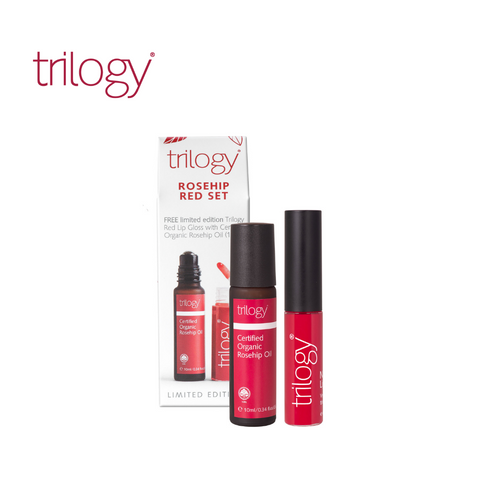 Organic Rosehip Red Set - Rosehip OIl & Vegan Lip Gloss for Daily Touch Up & Soothing (All Skin Types)